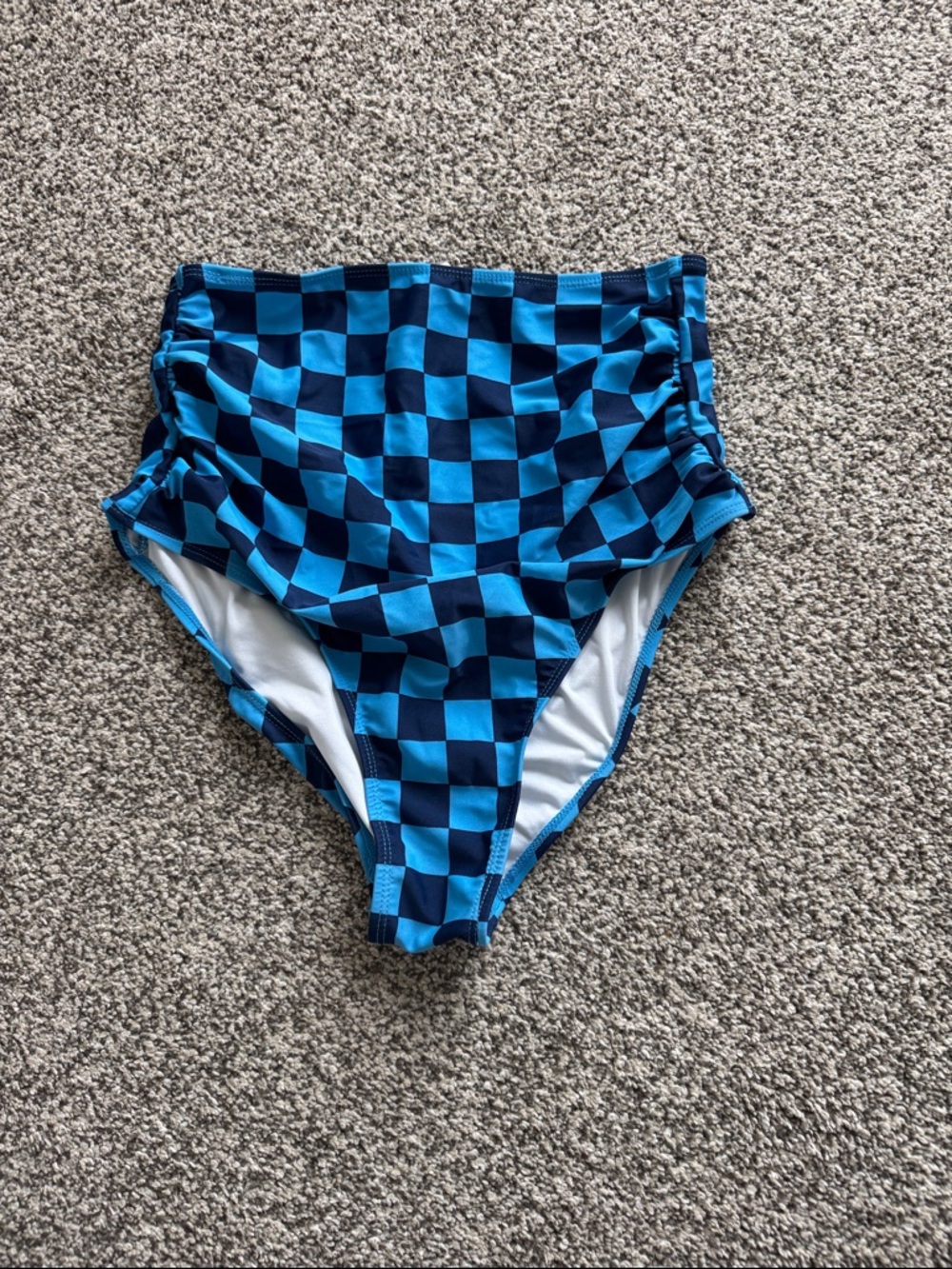 High-Waist Ruched Checkerboard Bikini Bottoms in Blue